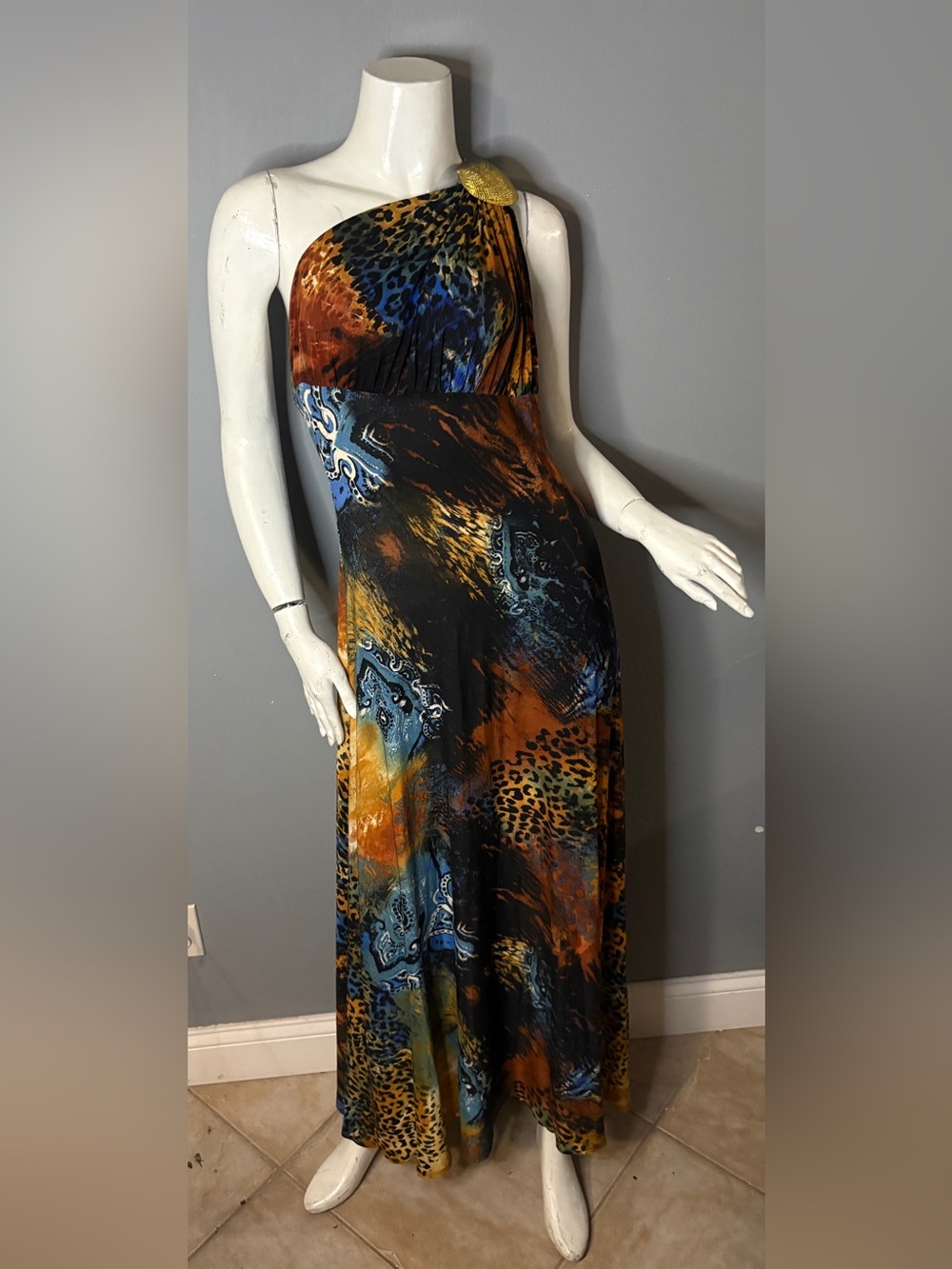One-Shoulder Multicolor Animal Print Maxi Dress with Gold Accent